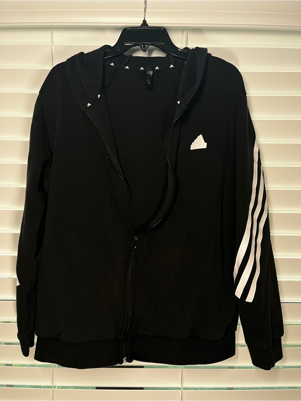 adidas Black Zip Hoodie Jacket with White Sleeve Stripes